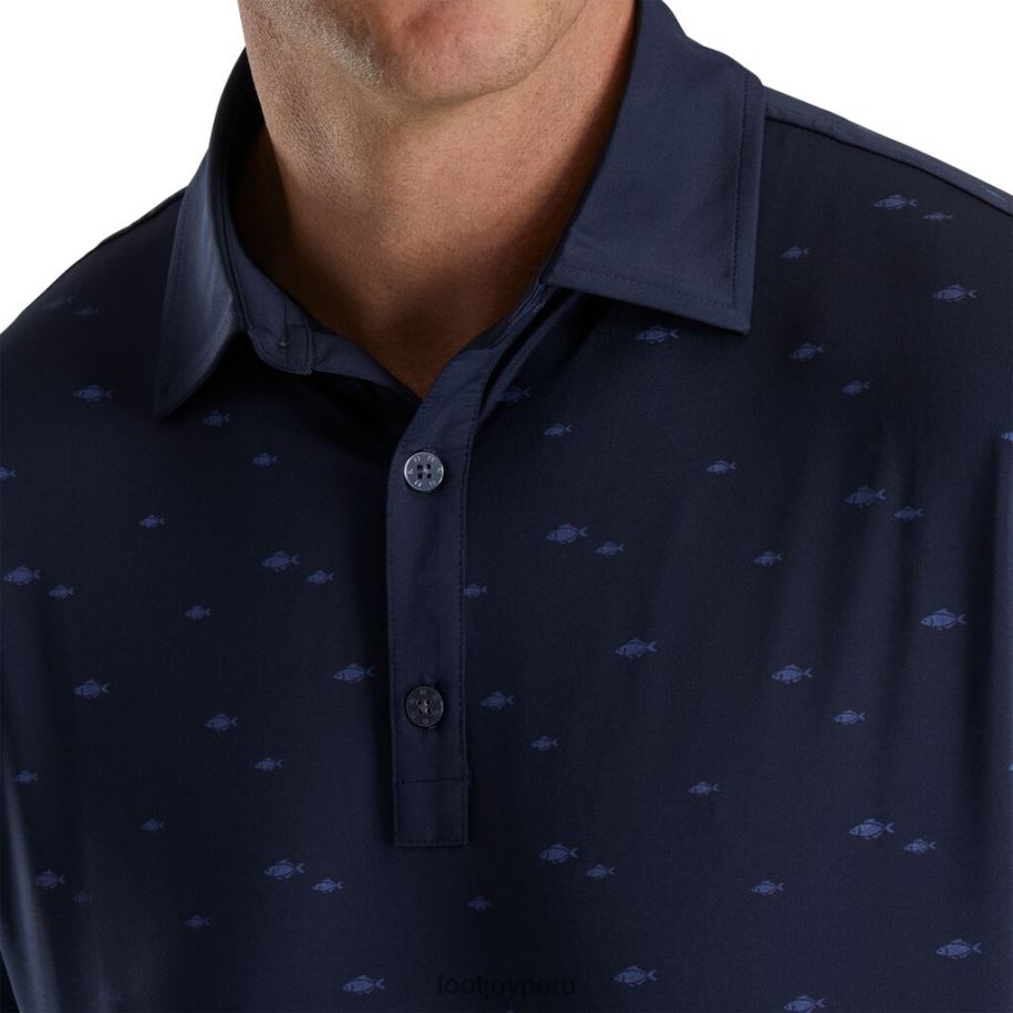 Armada Footjoy Ajuste deportivo azul marino con cuello del mismo tejido y estampado de escuela de peces. 8V0401796
